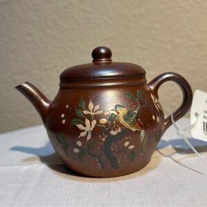Handcrafted Brown Teapot with Bird Design, authentic Yixing Zisha, wood baked